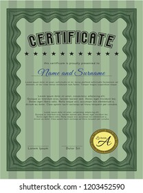 Green Certificate of achievement template. Retro design. With guilloche pattern and background. Customizable, Easy to edit and change colors. 