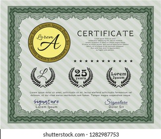 Green Certificate of achievement template. Retro design. Customizable, Easy to edit and change colors. With guilloche pattern. 