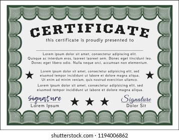 Green Certificate of achievement template. Vector illustration. With guilloche pattern and background. Perfect design. 
