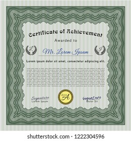 Green Certificate of achievement template. Vector illustration. Easy to print. Modern design. 