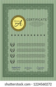 Green Certificate of achievement template. Vector illustration. With great quality guilloche pattern. Elegant design. 