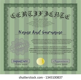 Green Certificate of achievement template. Vector illustration. Printer friendly. Money Pattern design. 
