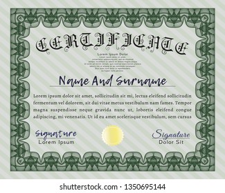 Green Certificate of achievement template. Vector illustration. Easy to print. Artistry design. 