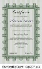 Green Certificate of achievement template. Vector illustration. With guilloche pattern and background. Lovely design. 
