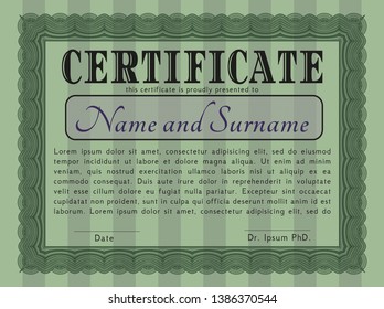 Green Certificate of achievement template. Vector illustration. With complex background. Nice design. 