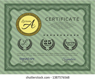 Green Certificate of achievement template. Vector illustration. With guilloche pattern and background. Beauty design. 