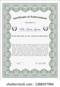 Green Certificate of achievement template. Vector illustration. With guilloche pattern. Good design. 