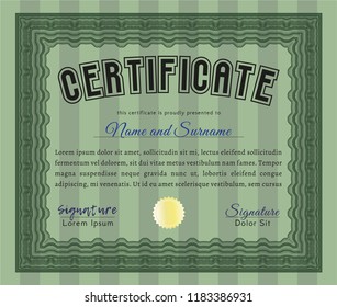 Green Certificate of achievement. Vector illustration. With guilloche pattern and background. Elegant design. 