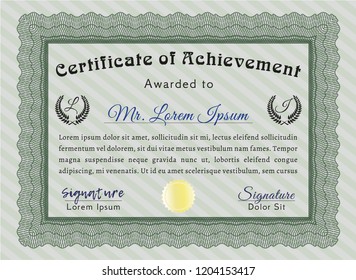 Green Certificate of achievement. Vector illustration. With guilloche pattern. Modern design. 