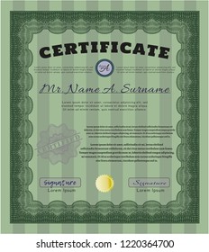 Green Certificate of achievement. Vector illustration. With great quality guilloche pattern. Retro design. 