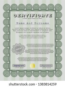 Green Certificate of achievement. Vector illustration. Complex background. Excellent design. 