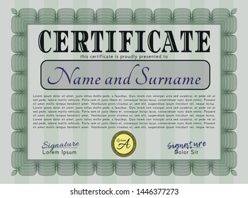 Green Certificate of achievement. Vector illustration. With complex linear background. Money style design. 