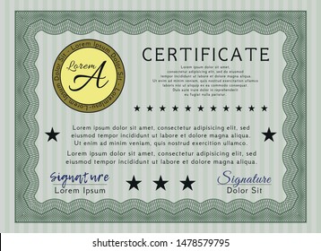 Green Certificate of achievement. Vector illustration. With background. Retro design. 