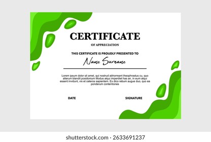 Green certificate of appreciation with a name placeholder.