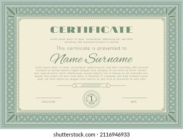 Green certificate. Blank with pigtail geometric ornamental frame. Business modern design. Vector illustration