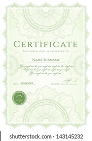 Green Certificate of completion (template or sample background) with guilloche pattern (watermarks), border. Design for diploma, invitation, gift voucher, official, ticket or awards (winner). Vector