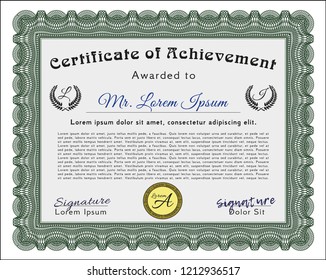 Green Certificate. With complex background. Sophisticated design. Vector illustration. 