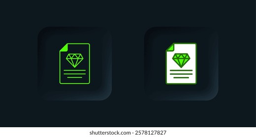 Green Certificate of the diamond icon isolated on black background. Black square button. Vector