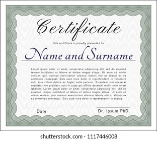 Green Certificate diploma or award template. Perfect design. Detailed. With guilloche pattern and background. 