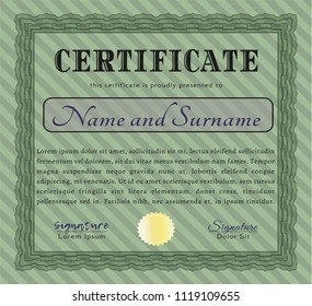 Green Certificate diploma or award template. Detailed. With linear background. Cordial design. 