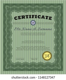 Green Certificate diploma or award template. With guilloche pattern and background. Customizable, Easy to edit and change colors. Money style design. 