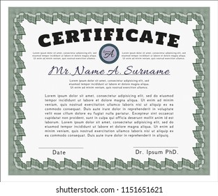 Green Certificate diploma or award template. Money style design. Vector illustration. With linear background. 