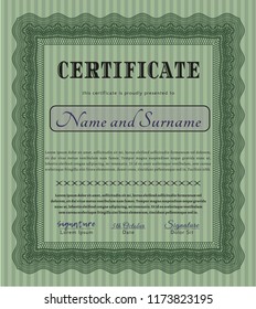 Green Certificate diploma or award template. With guilloche pattern and background. Cordial design. Customizable, Easy to edit and change colors. 