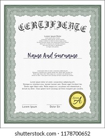 Green Certificate diploma or award template. Customizable, Easy to edit and change colors. With guilloche pattern and background. Superior design. 