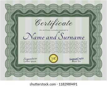 Green Certificate diploma or award template. With linear background. Lovely design. Vector illustration. 