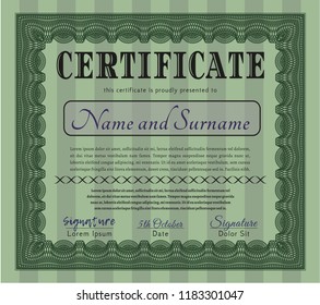 Green Certificate diploma or award template. Detailed. With complex linear background. Nice design. 