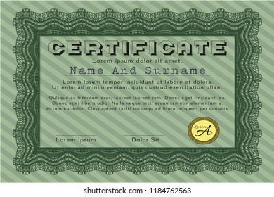 Green Certificate diploma or award template. With quality background. Excellent design. Detailed. 