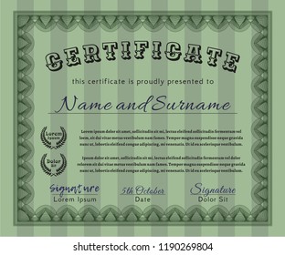 Green Certificate diploma or award template. Modern design. Vector illustration. With quality background. 