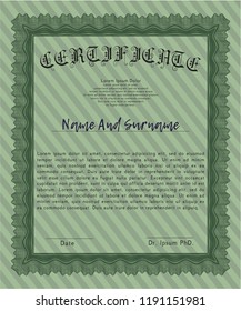 Green Certificate diploma or award template. With guilloche pattern. Money design. Vector illustration. 