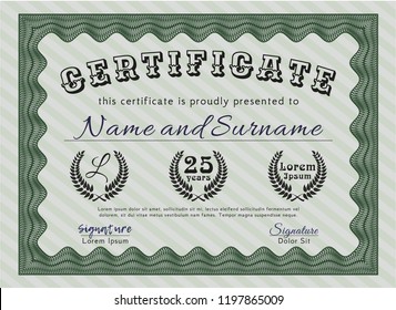 Green Certificate diploma or award template. Money Pattern. Vector illustration. With linear background. 