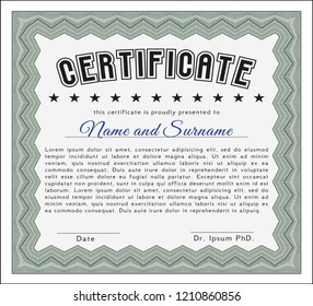 Green Certificate diploma or award template. With guilloche pattern and background. Perfect design. Vector illustration. 