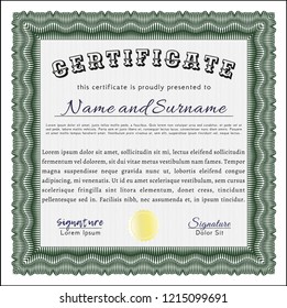 Green Certificate diploma or award template. Money design. With complex background. Vector illustration. 