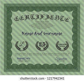 Green Certificate diploma or award template. With guilloche pattern. Vector illustration. Excellent design. 