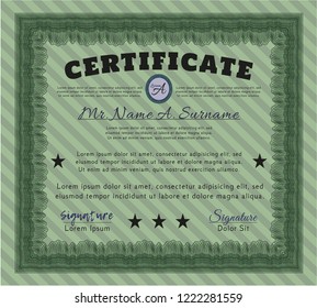 Green Certificate diploma or award template. Beauty design. Vector illustration. With great quality guilloche pattern. 