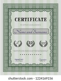 Green Certificate diploma or award template. Nice design. Detailed. With guilloche pattern. 