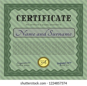Green Certificate diploma or award template. Nice design. Detailed. With guilloche pattern. 