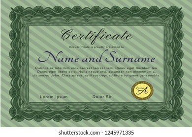 Green Certificate diploma or award template. Detailed. With complex linear background. Artistry design. 