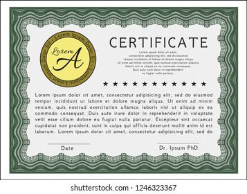Green Certificate diploma or award template. Artistry design. Complex background. Customizable, Easy to edit and change colors. 