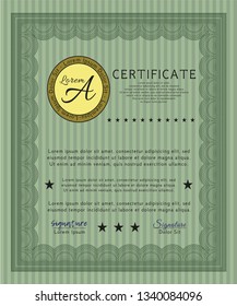 Green Certificate diploma or award template. With guilloche pattern and background. Money Pattern design. Vector illustration. 