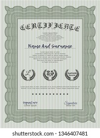 Green Certificate diploma or award template. With guilloche pattern and background. Cordial design. Detailed. 