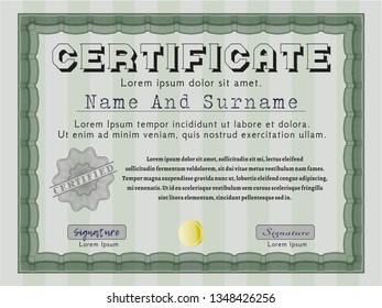 Green Certificate diploma or award template. Superior design. With linear background. Vector illustration. 