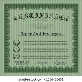 Green Certificate diploma or award template. Money style design. Detailed. With complex linear background. 