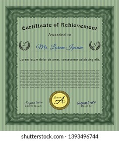 Green Certificate diploma or award template. Sophisticated design. With complex background. Customizable, Easy to edit and change colors. 