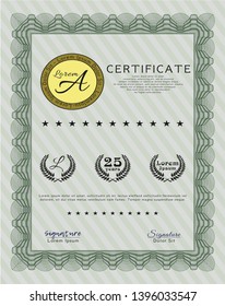 Green Certificate diploma or award template. Vector illustration. With great quality guilloche pattern. Nice design. 