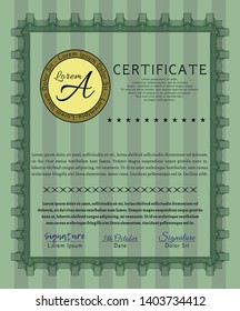 Green Certificate diploma or award template. Cordial design. With complex background. Vector illustration. 