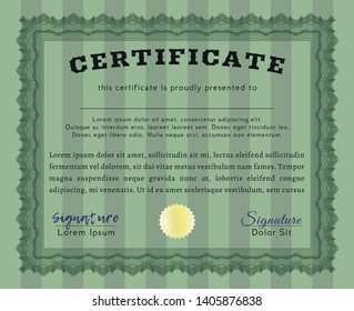 Green Certificate diploma or award template. With guilloche pattern and background. Customizable, Easy to edit and change colors. Money design. 